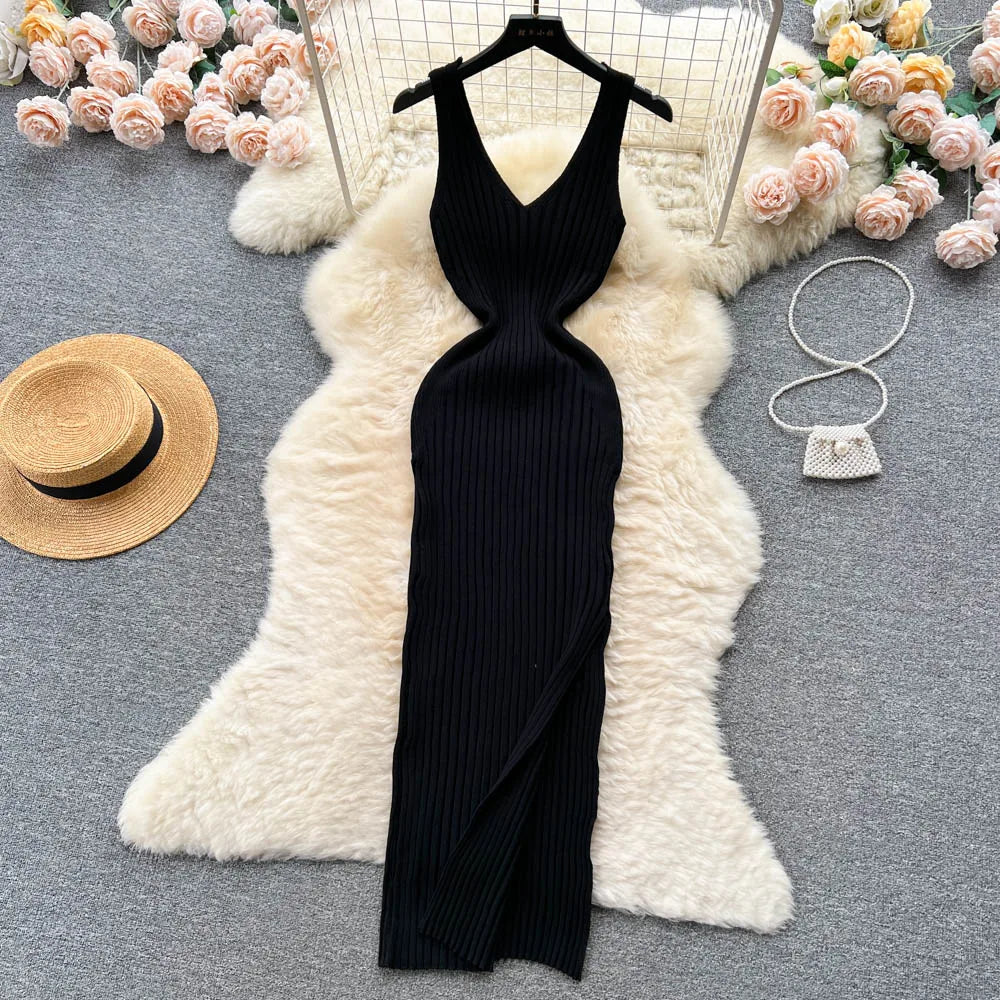 YuooMuoo Chic Fashion Sexy Wrap Hips Split Knitted Autumn Dress Women Slim Elastic Bodycon Long Dress Streetwear Outfits Vestido