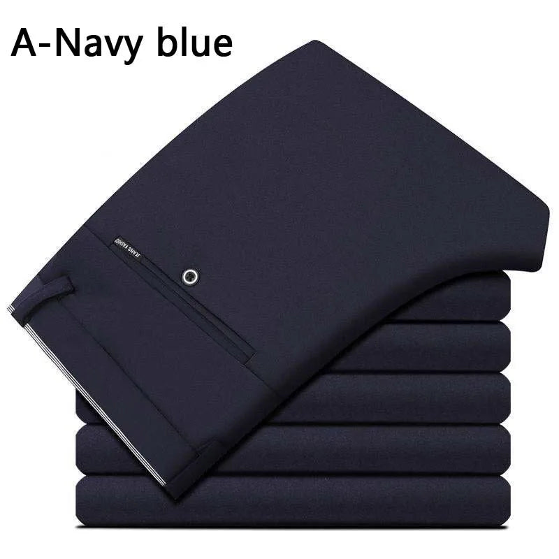 Men's Summer Fashion Business Casual Long Pants Suit Pants Male Elastic Straight Formal Trousers Plus Big Size28-40 SuperFye A-Navy / 38 SuperFye