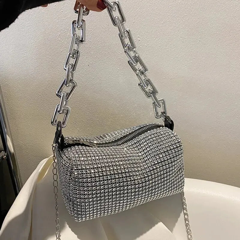 Allover Rhinestone Bucket Bag, Glitter Chain Prom Purse, Women's Mini Crossbody Bag (6.3*3.54) Inch SuperFye Silver SuperFye