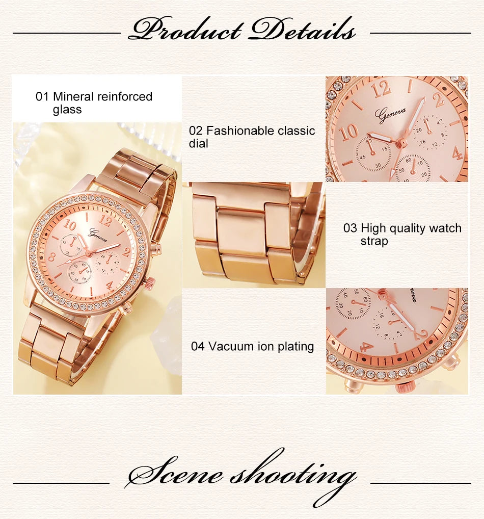 6PCS Set Rose Gold Luxury Watch Women Ring Necklace Earring Rhinestone Fashion Wristwatch Casual Ladies Bracelet Watches SuperFye Gold SuperFye