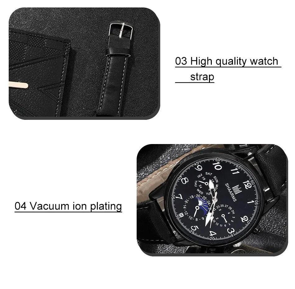 Fashion Mens Watches Wallet Glasses For Men Retro Black Bussiness Quartz Watch Male Casual Watch Relogio Masculino SuperFye Black SuperFye