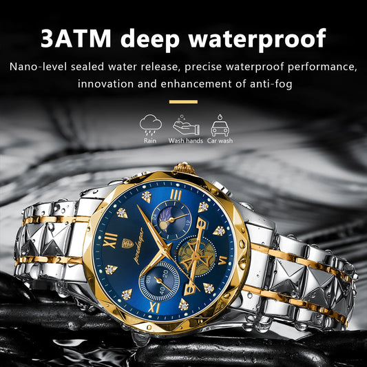 POEDAGAR Luxury Man Wristwatch Waterproof Luminous Chronograph Watch for Men Stainless Steel Men's Quartz Watches reloj hombre SuperFye Gold Blue SuperFye