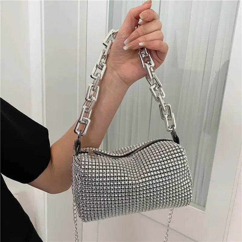 Allover Rhinestone Bucket Bag, Glitter Chain Prom Purse, Women's Mini Crossbody Bag (6.3*3.54) Inch SuperFye Silver SuperFye