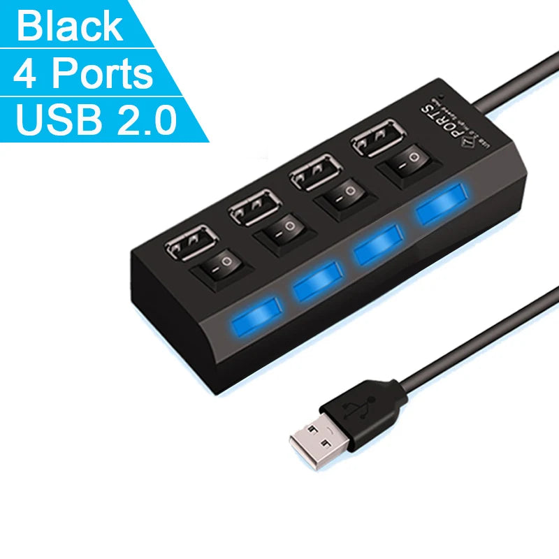 High Speed 4/7 Ports USB HUB 2.0 Adapter Expander Multi USB Splitter Multiple Extender with LED Lamp Switch for PC Laptop SuperFye 4 Ports Black SuperFye