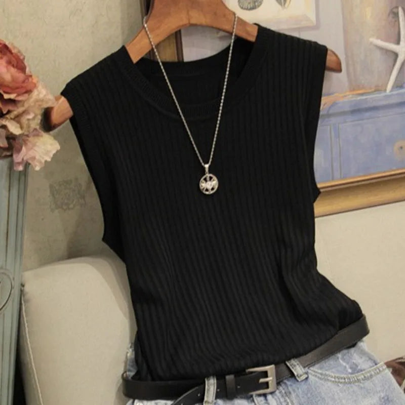 1pcs Summer New Fashion Knitted Vests O-neck Sleeveless Casual Thin Tops SuperFye One Size / WHITE SuperFye