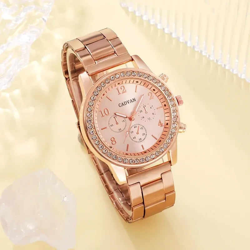 6PCS Set Rose Gold Luxury Watch Women Ring Necklace Earring Rhinestone Fashion Wristwatch Casual Ladies Bracelet Watches SuperFye Gold SuperFye