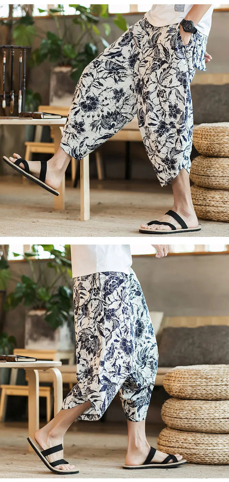 Harajuku Summer Loose Calf Length Casual Pants Men Wide Leg Cotton Linen Printing Baggy Pants Oversize Men's Trousers SuperFye Model G / Chinese Size XXXL SuperFye