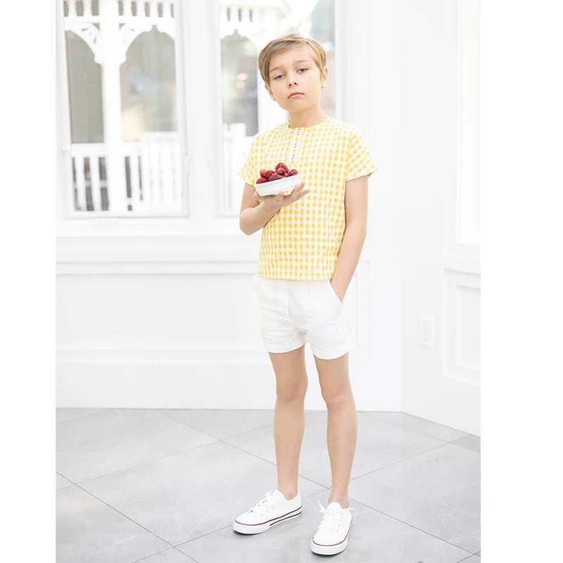 Ali Plus SS25 yellow and white gingham summer set with red stitch girls dress baby romper boys top and pants and toddler sets