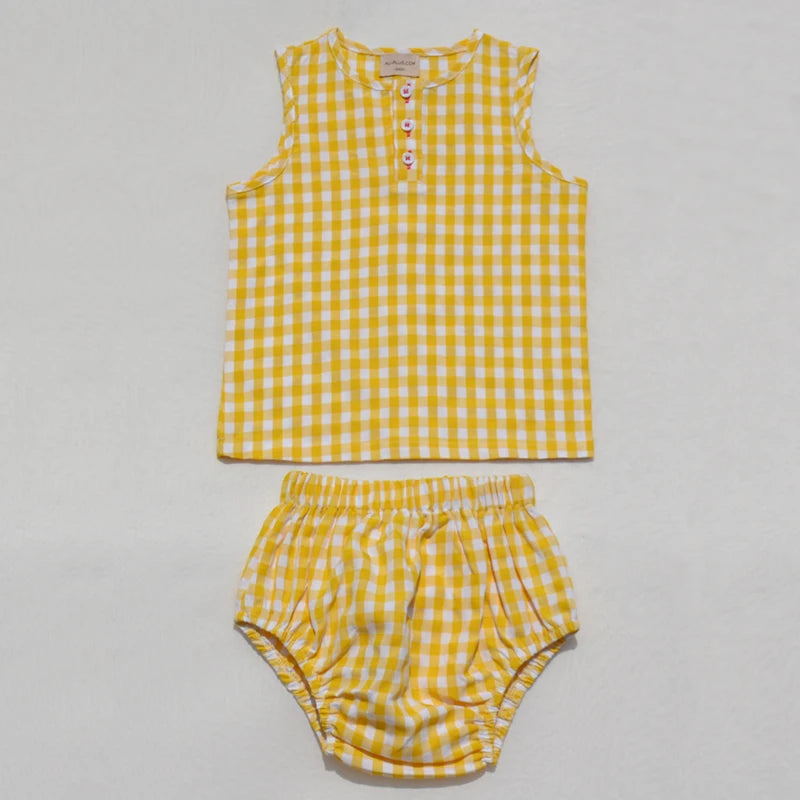 Ali Plus SS25 yellow and white gingham summer set with red stitch girls dress baby romper boys top and pants and toddler sets