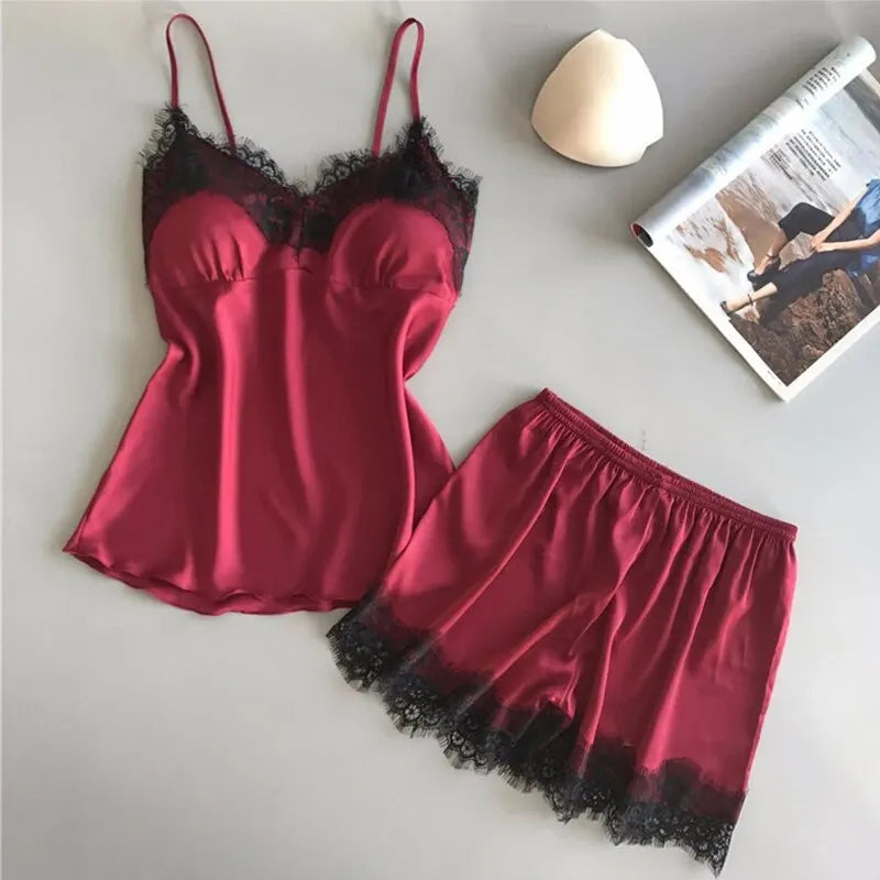 Women Pajama Suit Fashion V-Neck Stretch Satin Babydoll Lace Sexy Lingerie Bowknot Pyjamas Sleep Shorts Set Sleepwear New SuperFye ZY07 / M 45-450kg SuperFye