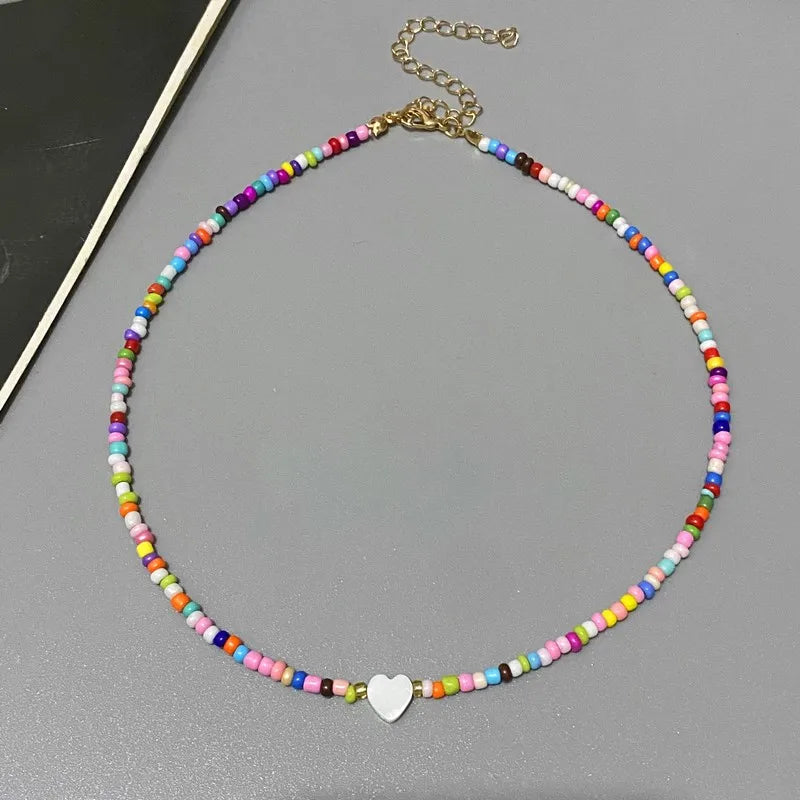 New Nature Shell Love Heart Choker Necklace for Girl Spring Summer Fashion Small Colorful Glass Beads Necklace Gift for Friend SuperFye B SuperFye