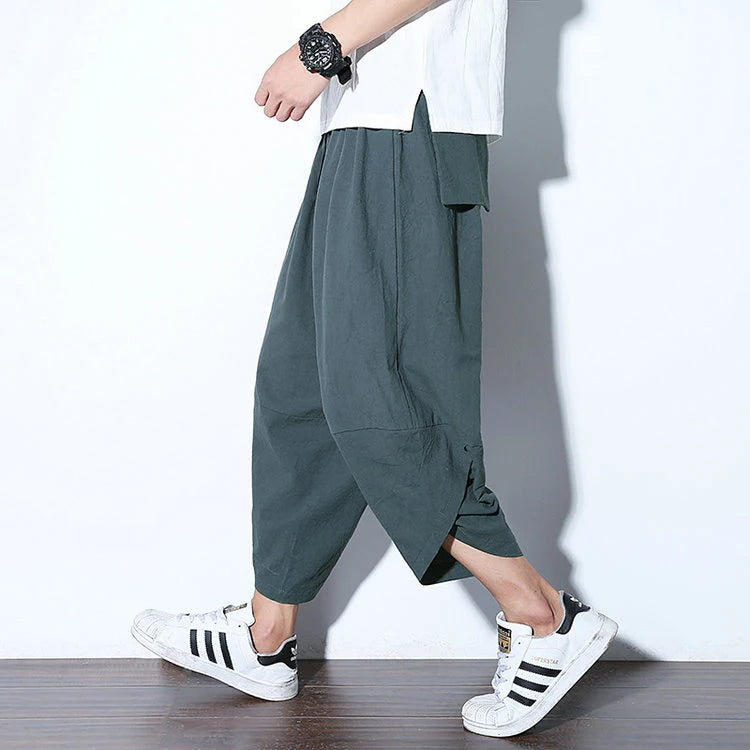 Harajuku Summer Loose Calf Length Casual Pants Men Wide Leg Cotton Linen Printing Baggy Pants Oversize Men's Trousers SuperFye Model G / Chinese Size XXXL SuperFye