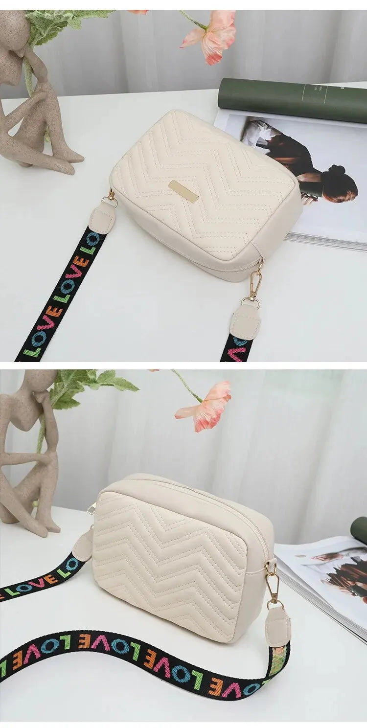 Rilibegan Embroidered Camera Bag PU Material Casual Small Square Bag Versatile Single Shoulder Bag Printed Shoulder Strap SuperFye Beige SuperFye