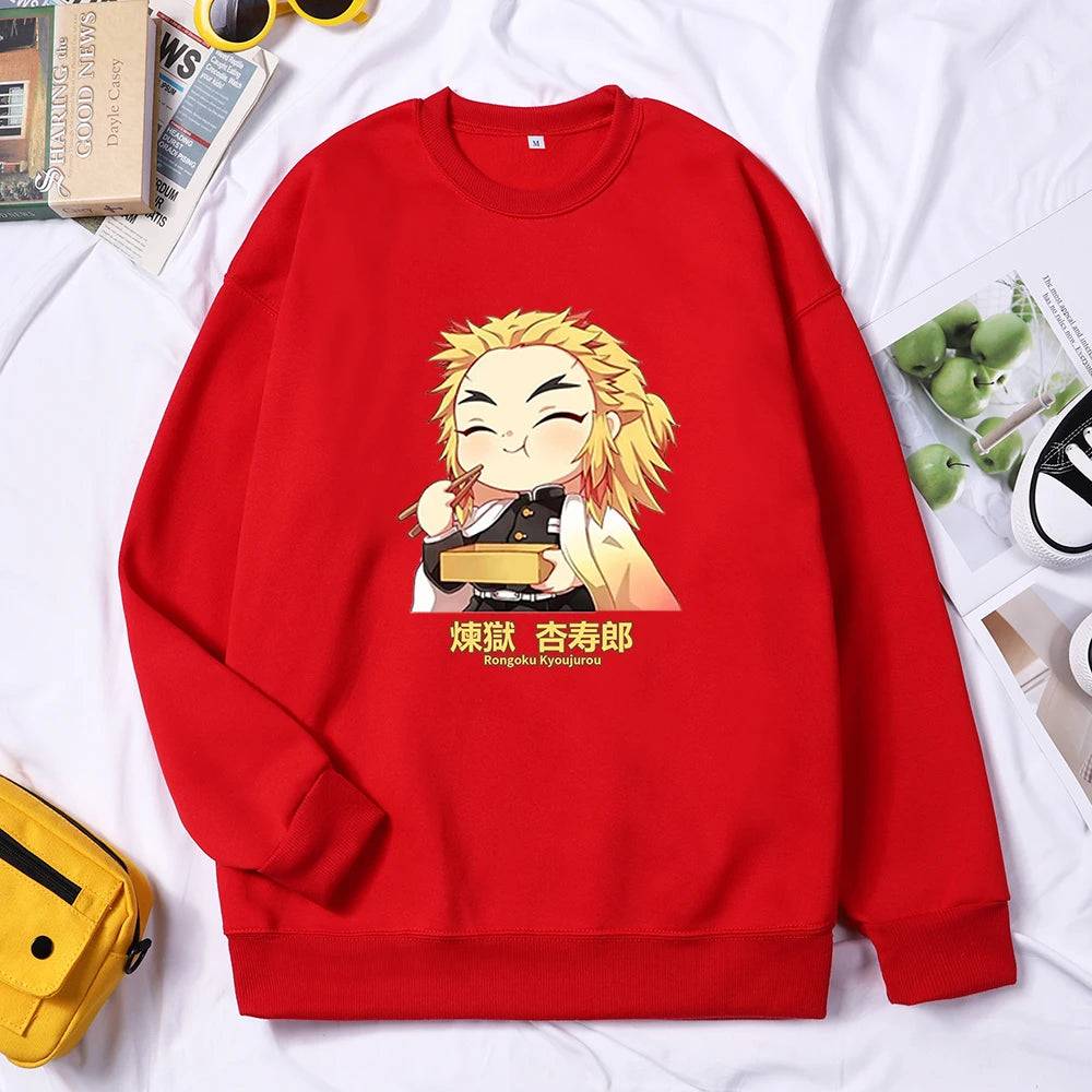 Demon Slayer Anime Rengoku Kyoujurou Women Sweater Autumn Trendy Hoody Crewneck Fleece Pullover Simple Loose Female Sweatshirt