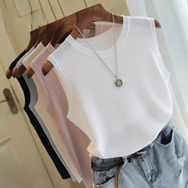 1pcs Summer New Fashion Knitted Vests O-neck Sleeveless Casual Thin Tops SuperFye One Size / WHITE SuperFye