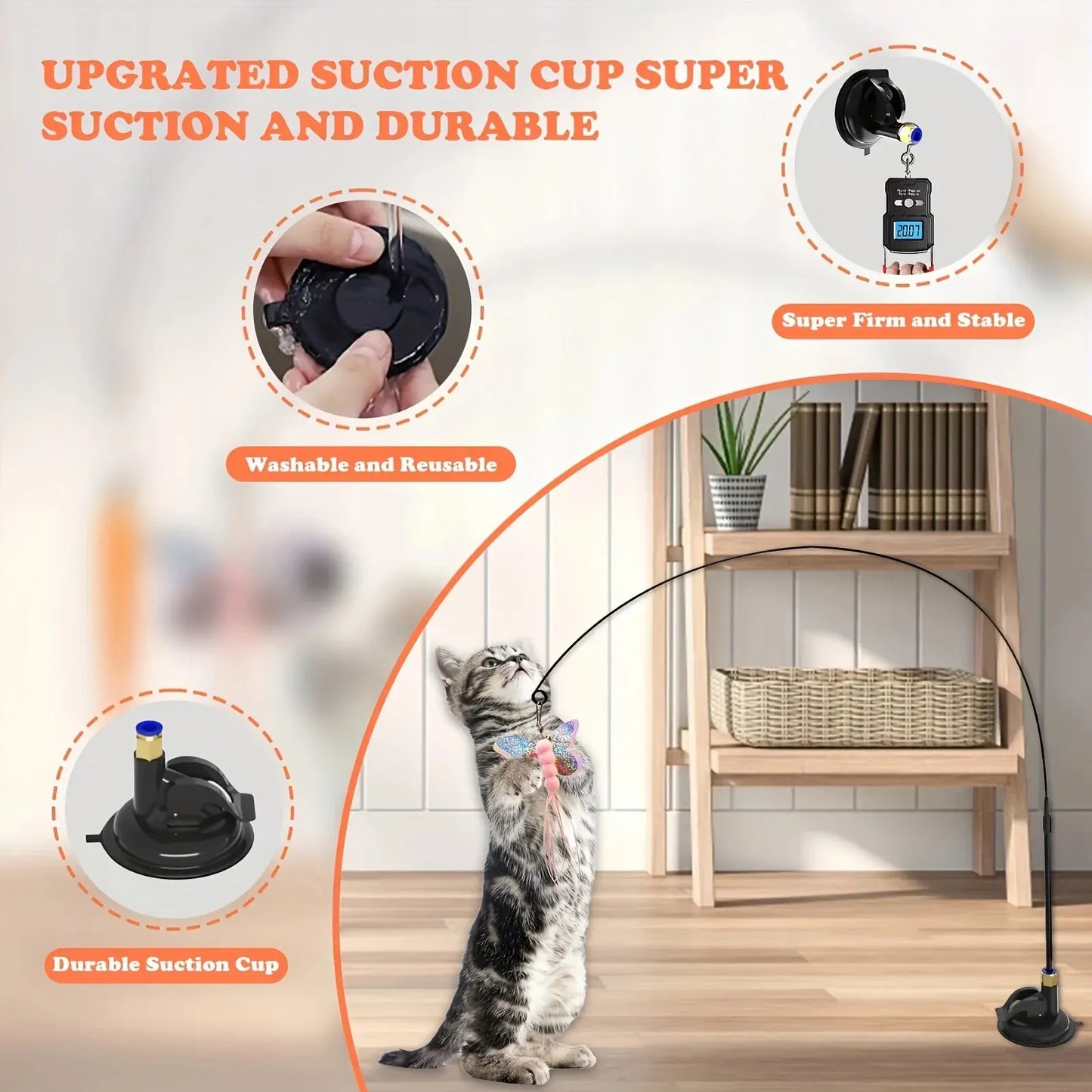 Cat Teaser Toy - Interactive Bell & Feather Wand - Long Suction Cup Pole for Exciting Playtime Adventures - Ultimate Cat Toy SuperFye Black Enhanced SuperFye