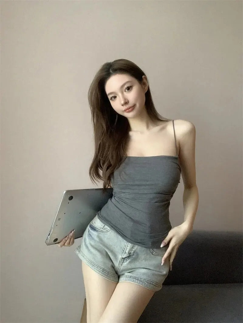 Women's Sleeveless Top Tank Underwear Fitted Camisole Sexy Short Top With Thin Straps Plain White Tank Top Korean Style