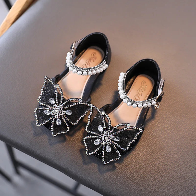 Summer Girls Sandals Fashion Sequins Rhinestone Bow Girls Princess Shoes Baby Girl Shoes Flat Heel Sandals Size 21-35 SuperFye SHS104Black / CN 21 insole 13.3cm SuperFye