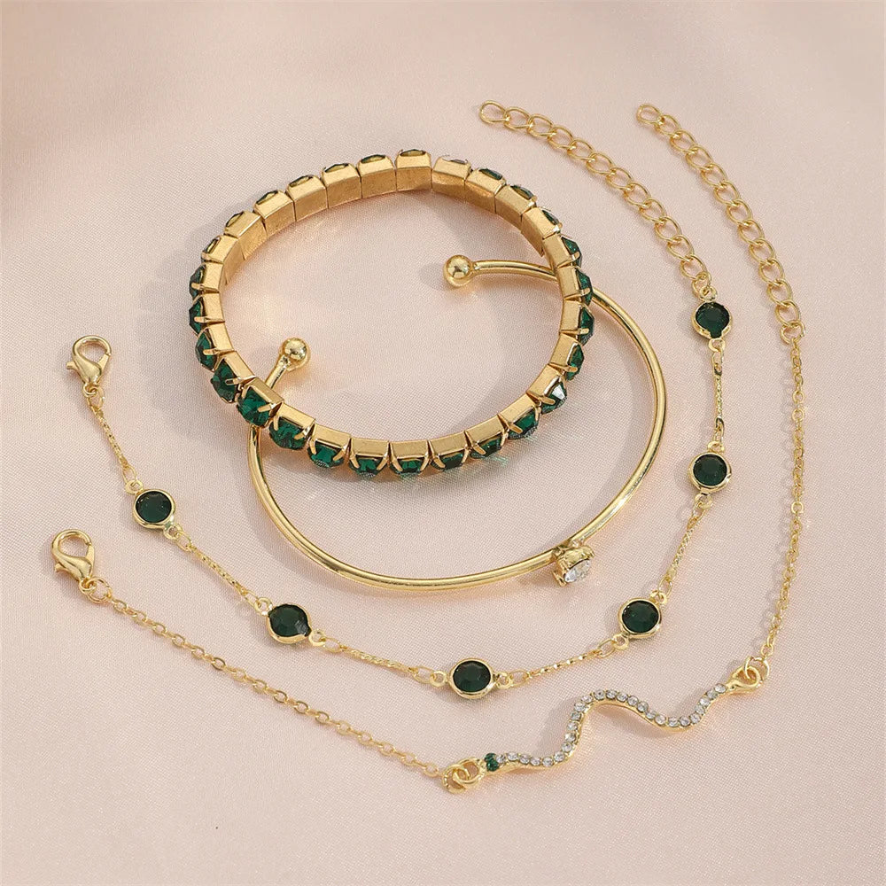 4Pcs/Set Fashion Snake Green Gemstone Bangle Rhinestone Full Metal Bracelet For Women Birthday Party Christmas Gift Jewerly SuperFye SL112 SuperFye