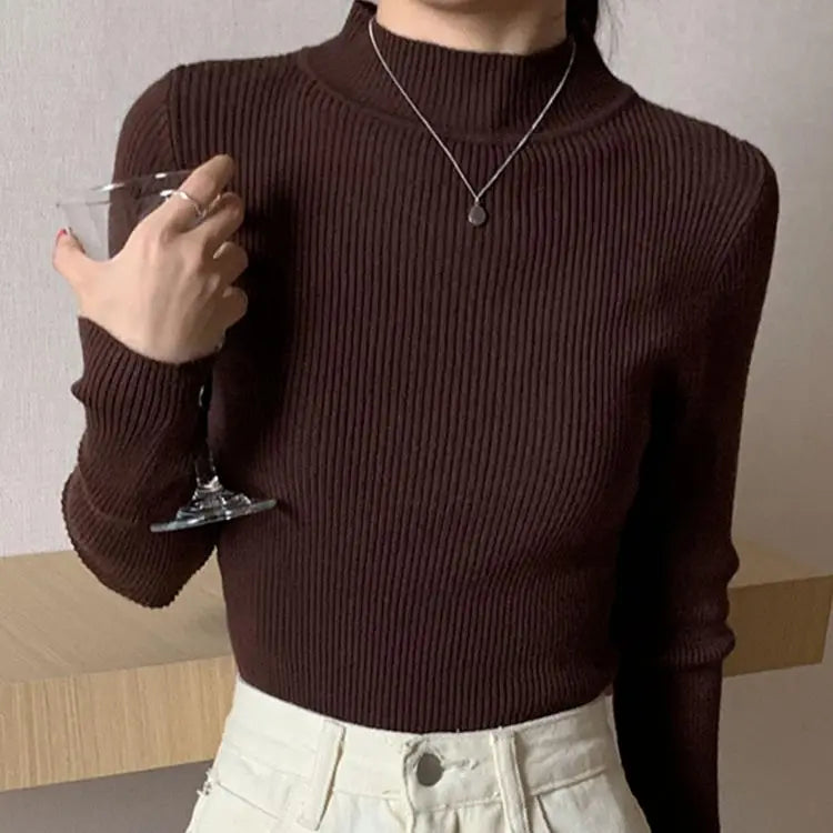 Autumn Winter Mock Neck Women Sweater Vintage Basic Solid Knitted Tops Casual Slim Pullover Korean Sweaters Simple Chic Jumpers SuperFye Brown / One Size SuperFye