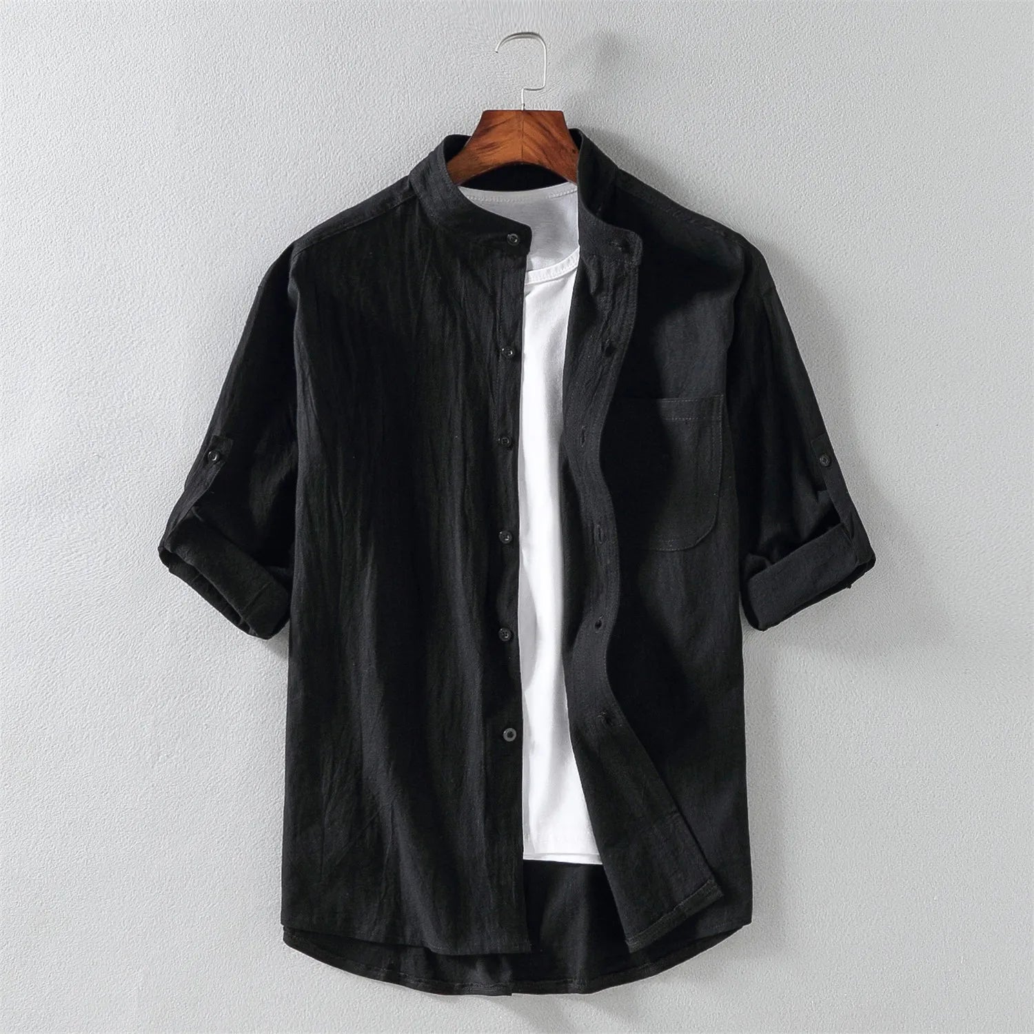 Spring and Summer Stand Collar Five-point Mid-sleeve Fashionable Men's Short-sleeved Shirt Seven-point Sleeve Large Size Men's SuperFye black / 5XL SuperFye