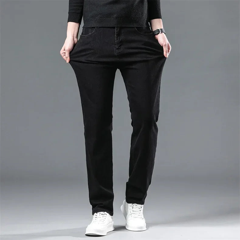 WTHINLEE Winter Men Black Straight Stretch Denim Thick Velvet Pants Warm Jeans Casual Fleece Line Trousers Male Plus Size