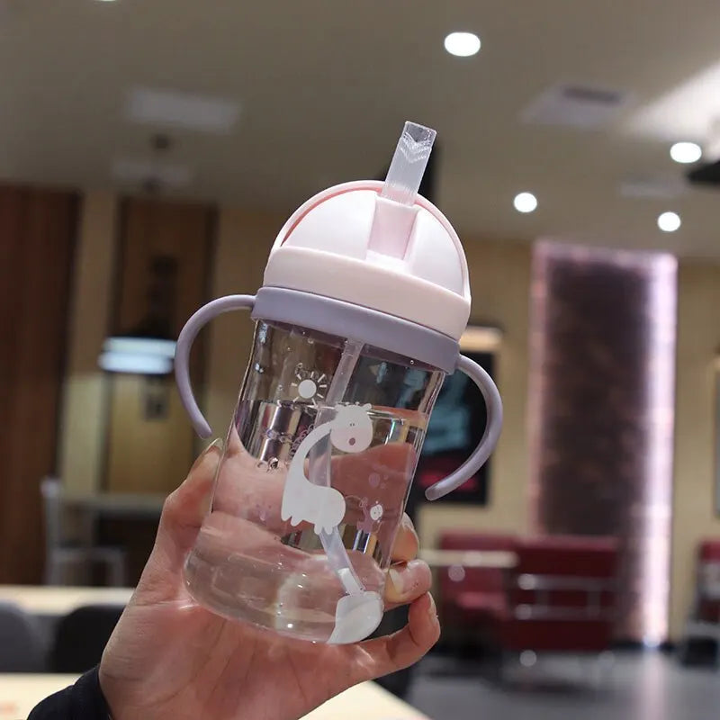 350ml Kids Drinking Cup Feeding Bottle With Straw Gravity Ball Wide Caliber Bottle SuperFye Pink SuperFye