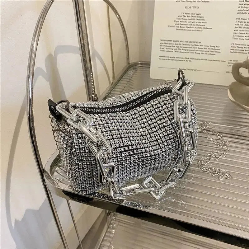 Allover Rhinestone Bucket Bag, Glitter Chain Prom Purse, Women's Mini Crossbody Bag (6.3*3.54) Inch SuperFye Silver SuperFye