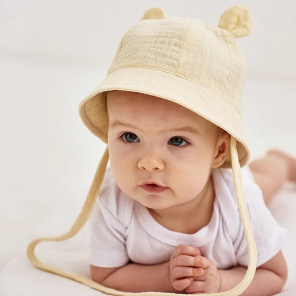 Soft Cotton Baby Sun Hat With Ears Cute Bunny Newborn Boys Girls Bucket Hat Summer Kids Toddler Panama Cap 0 to 12 Months SuperFye Light Yellow / One Size SuperFye