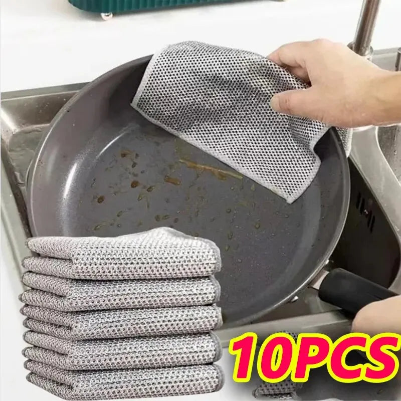 10pcs Magic Dishcloth Silver Wire Cleaning Kitchen Cloth Thickened Microfiber Wash Towel Built-in Sponge Steel Wire Ball Rag SuperFye 10PCs SuperFye