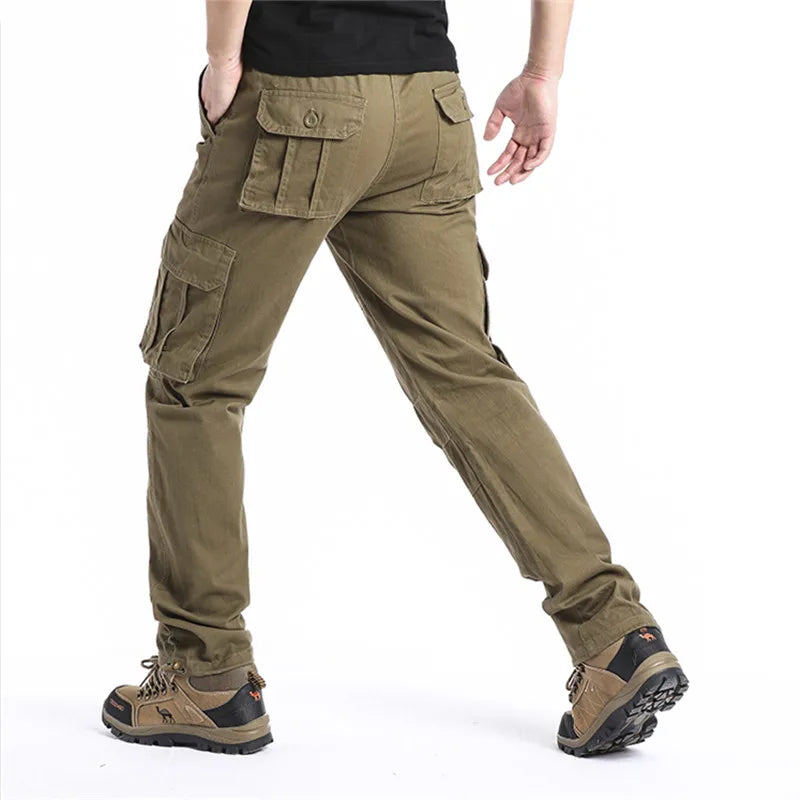 Large Pocket Loose Overalls Men's Outdoor Sports Jogging Tactical Pants Elastic Waist Pure Cotton Casual Work Pants SuperFye MST Army green / XL 70-80kg SuperFye