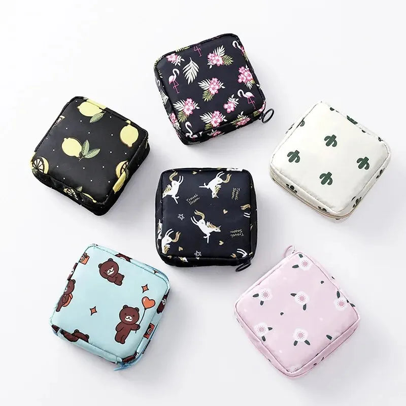 Women Sanitary Napkin Tampon Storage Bag Portable Waterproof Organizer Pouch Cartoon Pattern Sanitary Napkin Bag SuperFye Yellow Ice Cream SuperFye