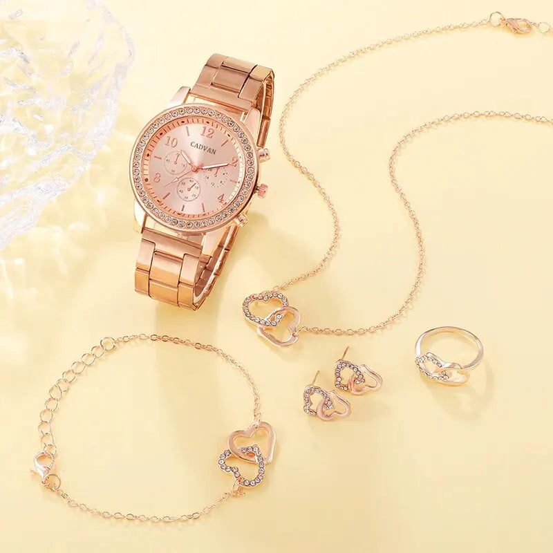 6PCS Set Rose Gold Luxury Watch Women Ring Necklace Earring Rhinestone Fashion Wristwatch Casual Ladies Bracelet Watches SuperFye Gold SuperFye