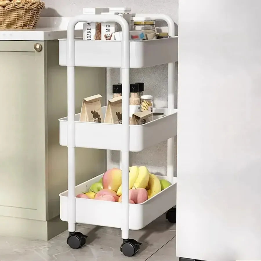 Household Multi-layer Small Cart Storage Rack Floor To Floor Kitchen Bedroom Bathroom Storage Rack Storage Rack With Wheels SuperFye White SuperFye