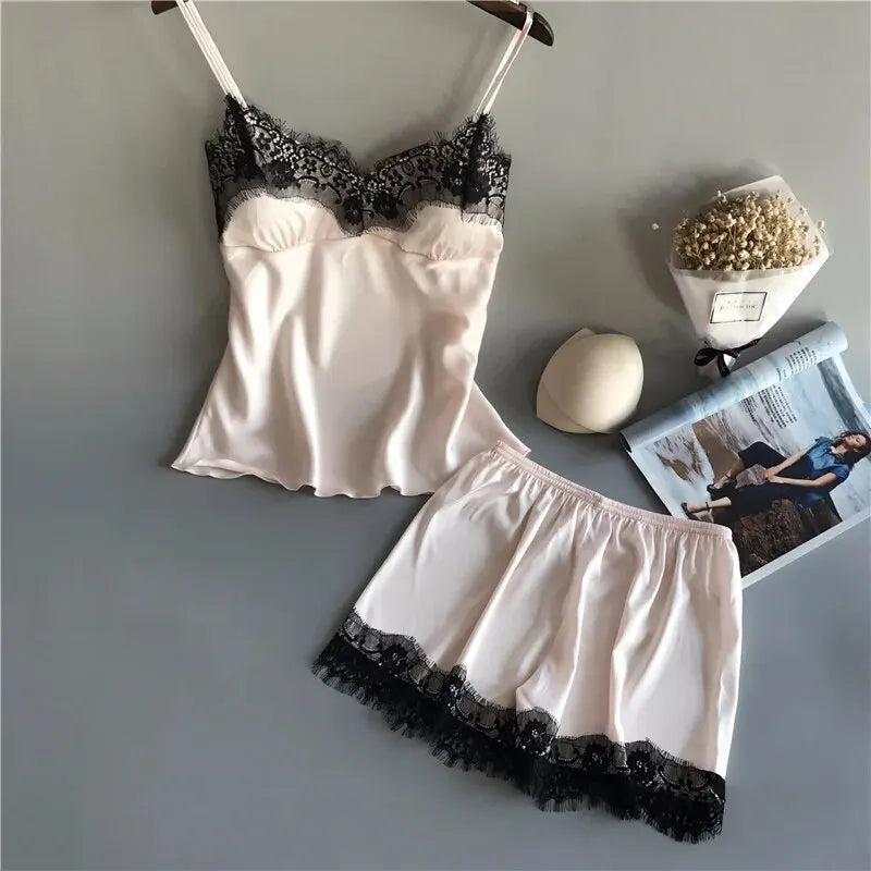 Women Pajama Suit Fashion V-Neck Stretch Satin Babydoll Lace Sexy Lingerie Bowknot Pyjamas Sleep Shorts Set Sleepwear New SuperFye ZY07 / M 45-450kg SuperFye