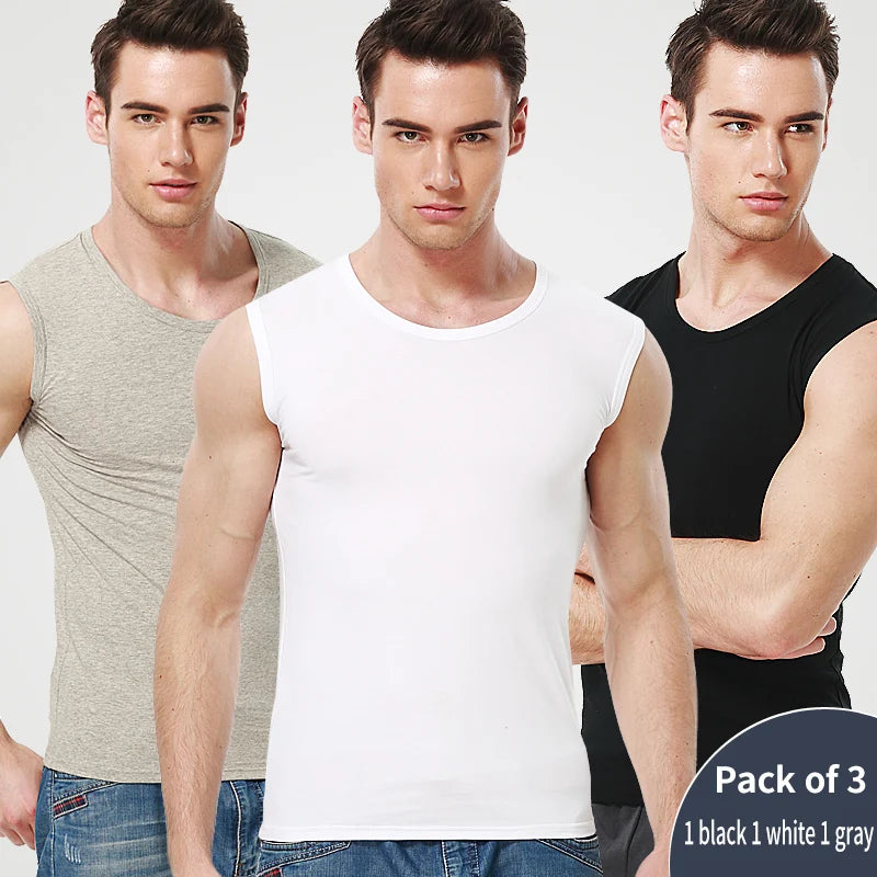 1/3 Piece Men's Wide-shouldered Cotton Vest Youth Sports Fitness Basketball Football Breathable Sweat-absorbent Joker Slim Top SuperFye 3pcs-03heibaihui / Asian-size-L SuperFye