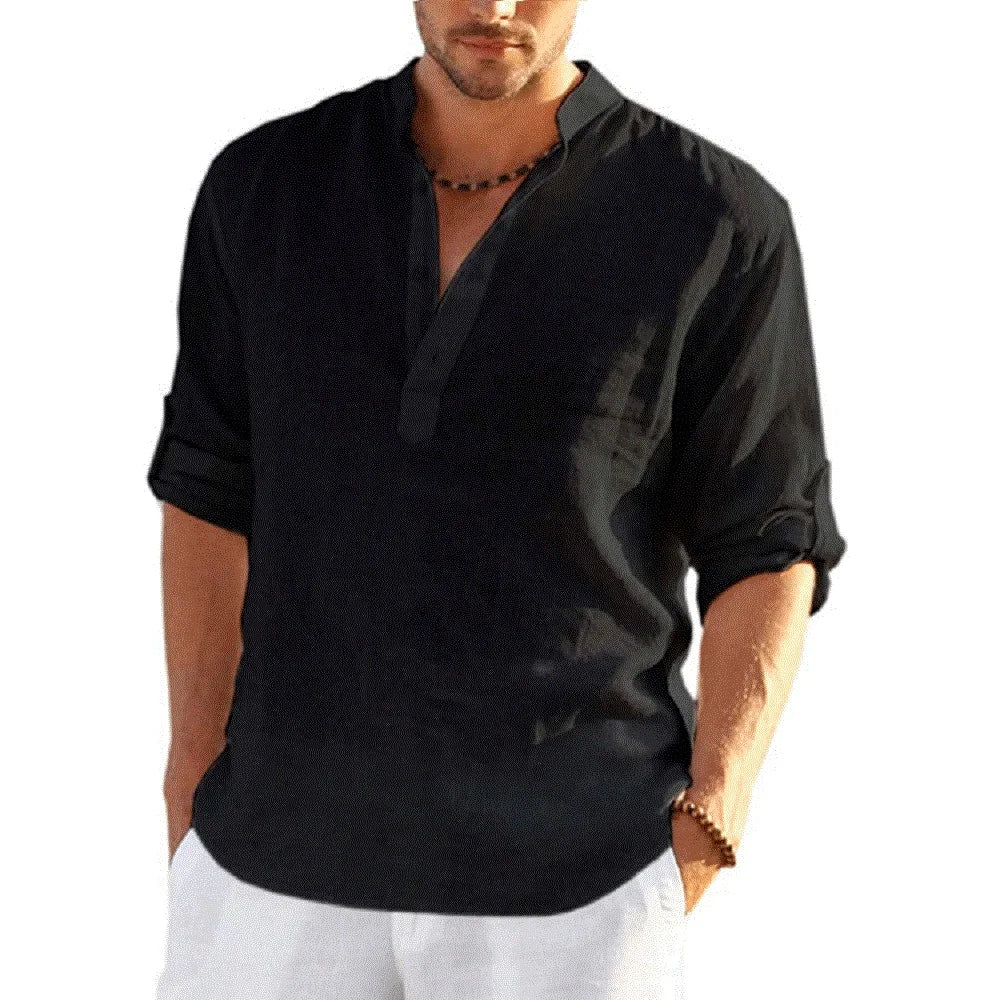 New Men's Casual Blouse Cotton Linen Shirt Loose Tops Long Sleeve Tee Shirt Spring Autumn Casual Handsome Men's Shirts SuperFye black / US L 70-80 KG SuperFye