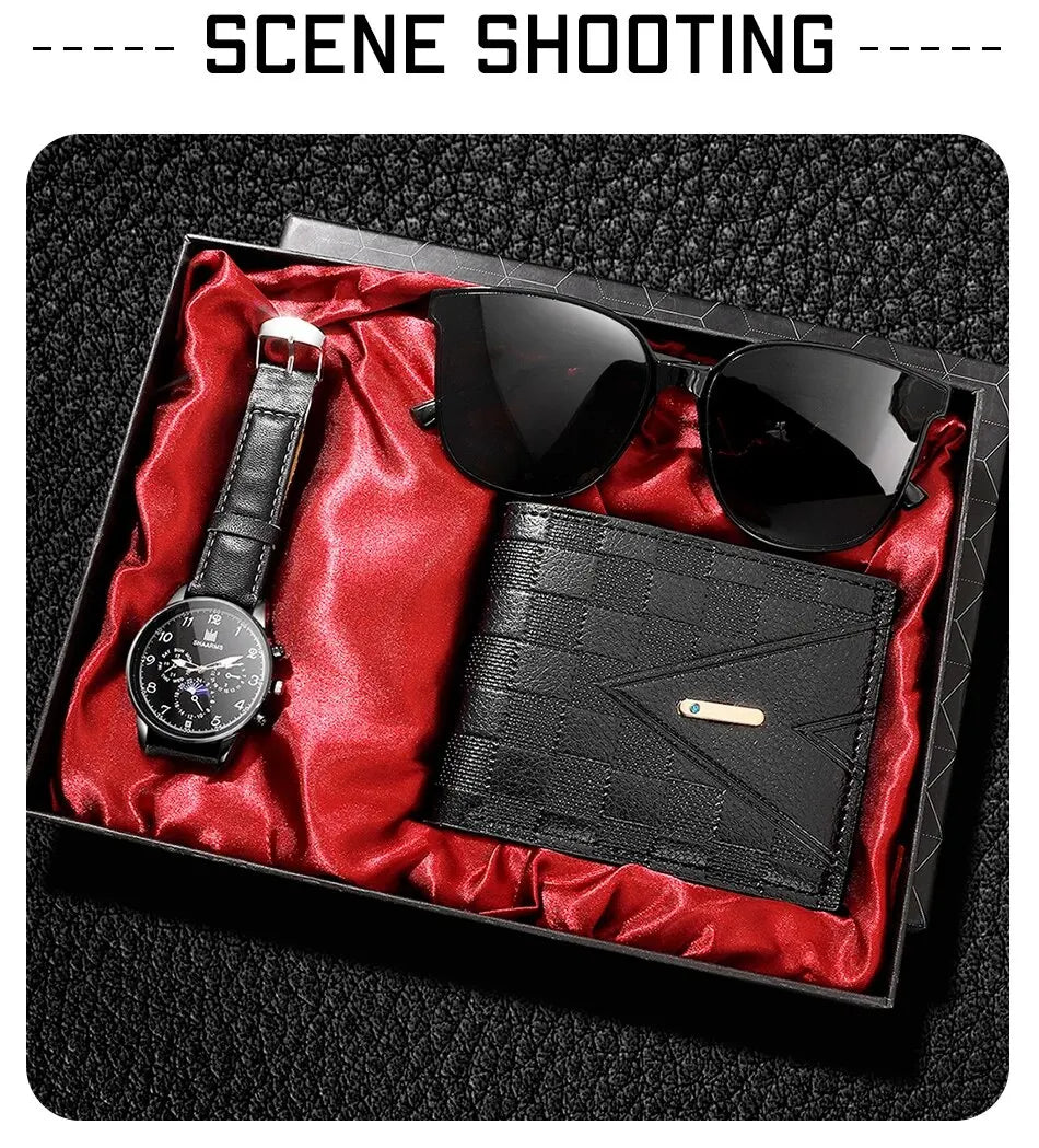 Fashion Mens Watches Wallet Glasses For Men Retro Black Bussiness Quartz Watch Male Casual Watch Relogio Masculino SuperFye Black SuperFye