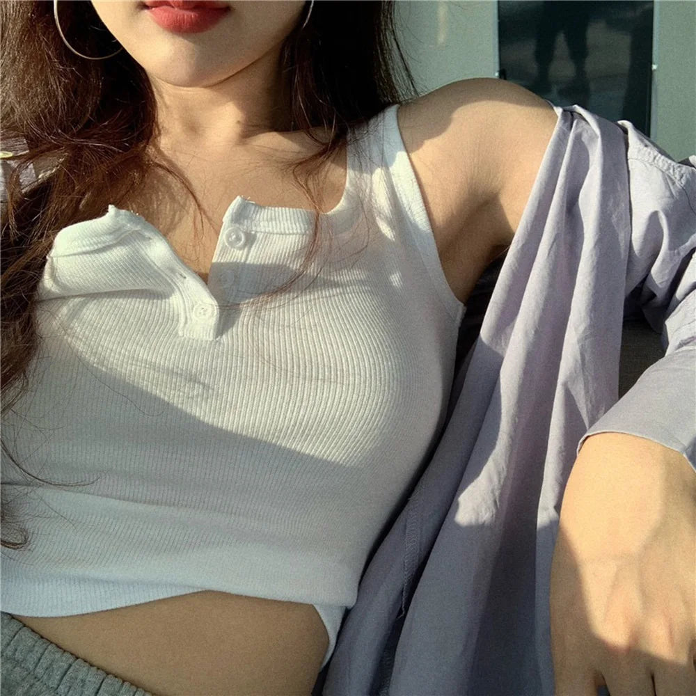 Tank Top for Women Ribbed Button Down Sleeveless Blouse Solid Color Casual Women's Teens Trendy Basic Summer Dresses SuperFye White / L SuperFye