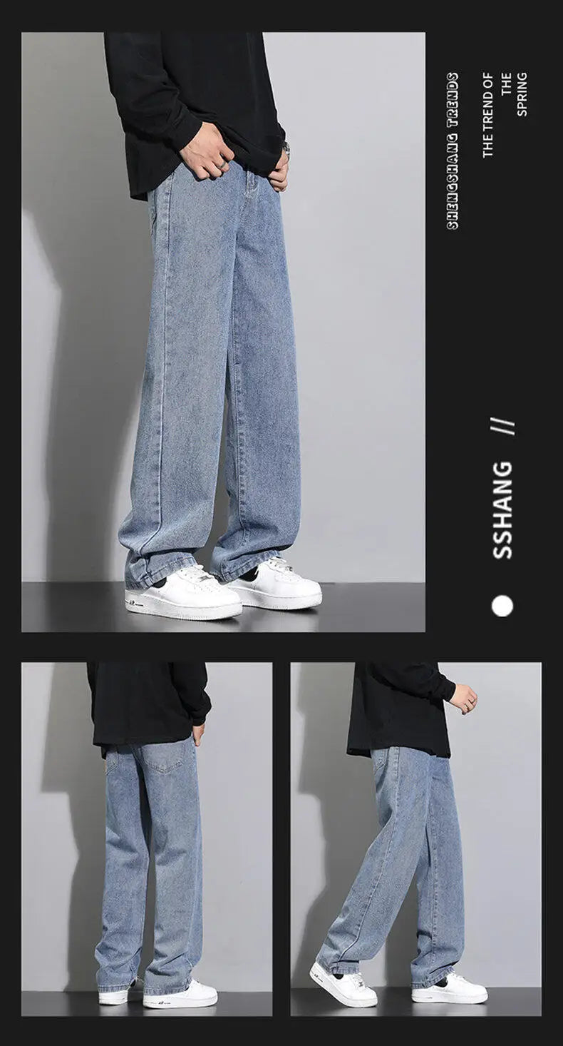 2025 New Korean Men's Casual Long Jeans Classic Man Straight Denim Wide-leg Pants Solid Color Light Blue Grey Black 3XL SuperFye Deep BLue / XXXL For 180CM 95KG SuperFye