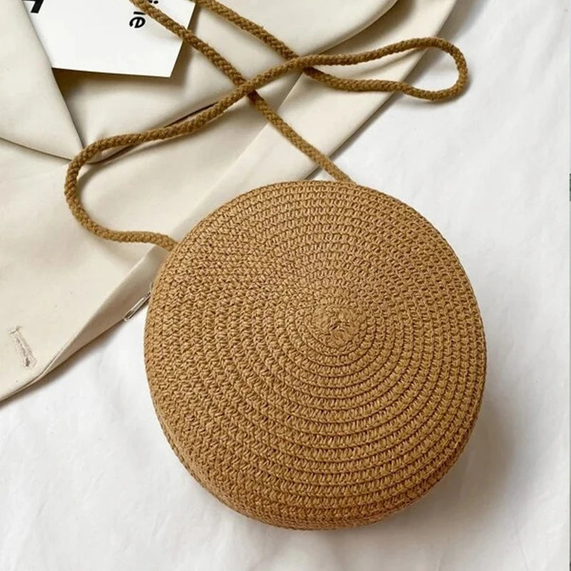 Minimalist Straw Bag Round Crossbody Purse Women Shoulder Vocation Style Handbag SuperFye orage SuperFye