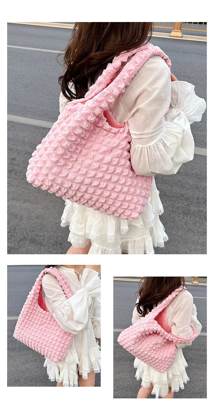 Crossbody Bag With Pleated Design Embroidered Plaid Shoulder Bag Underarm Bags Simple Large Capacity Quilted Tote Bags For Women