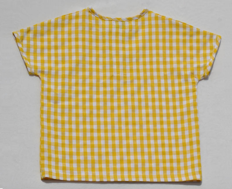 Ali Plus SS25 yellow and white gingham summer set with red stitch girls dress baby romper boys top and pants and toddler sets