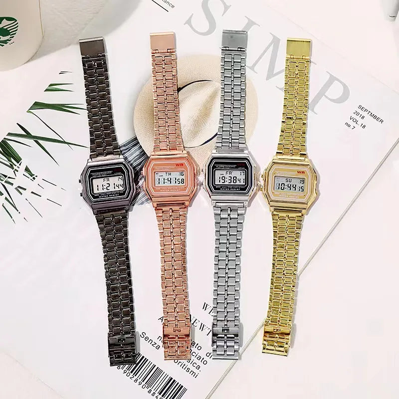 F91W Steel Strap Watches Women Watch Men Business Clock Multifunction LED Digtal Sports Wrist Watch Electronic Clock SuperFye Silvery SuperFye