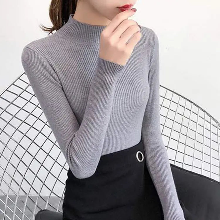 Autumn Winter Mock Neck Women Sweater Vintage Basic Solid Knitted Tops Casual Slim Pullover Korean Sweaters Simple Chic Jumpers SuperFye GRAY / One Size SuperFye