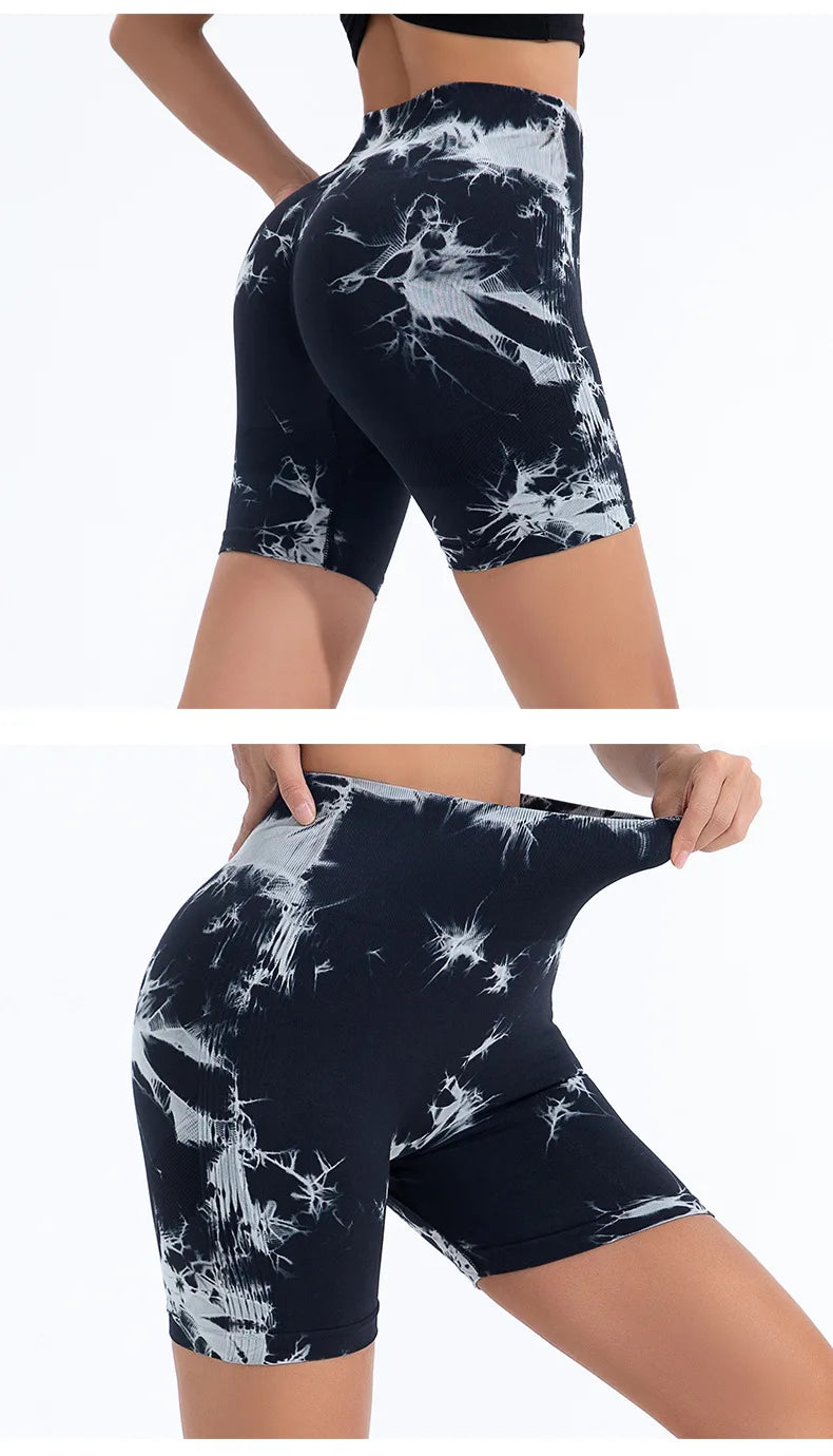 High Waist Butt Lift Shorts Women Seamless Tie Dye Shorts Gym Workout Running High Elastic Fashion Knit Slim Three Point Pants SuperFye white / L SuperFye