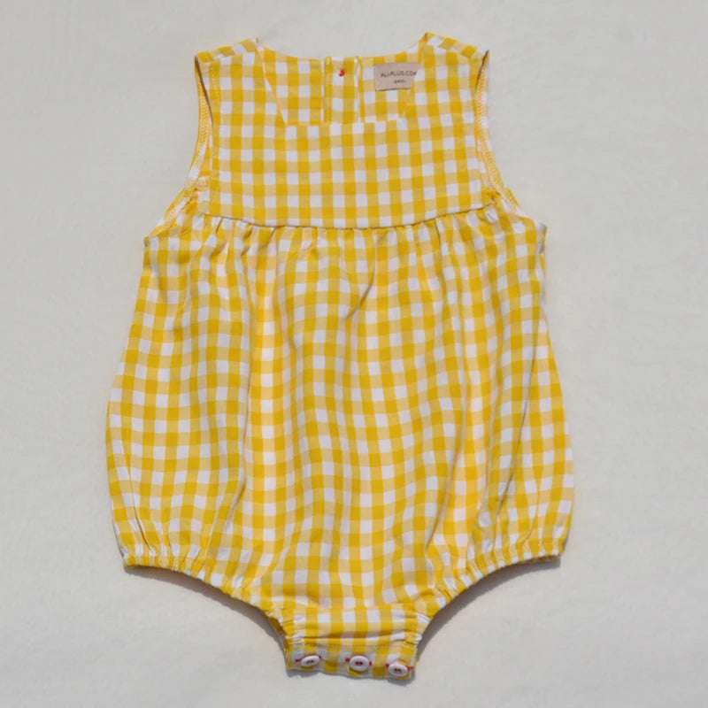 Ali Plus SS25 yellow and white gingham summer set with red stitch girls dress baby romper boys top and pants and toddler sets