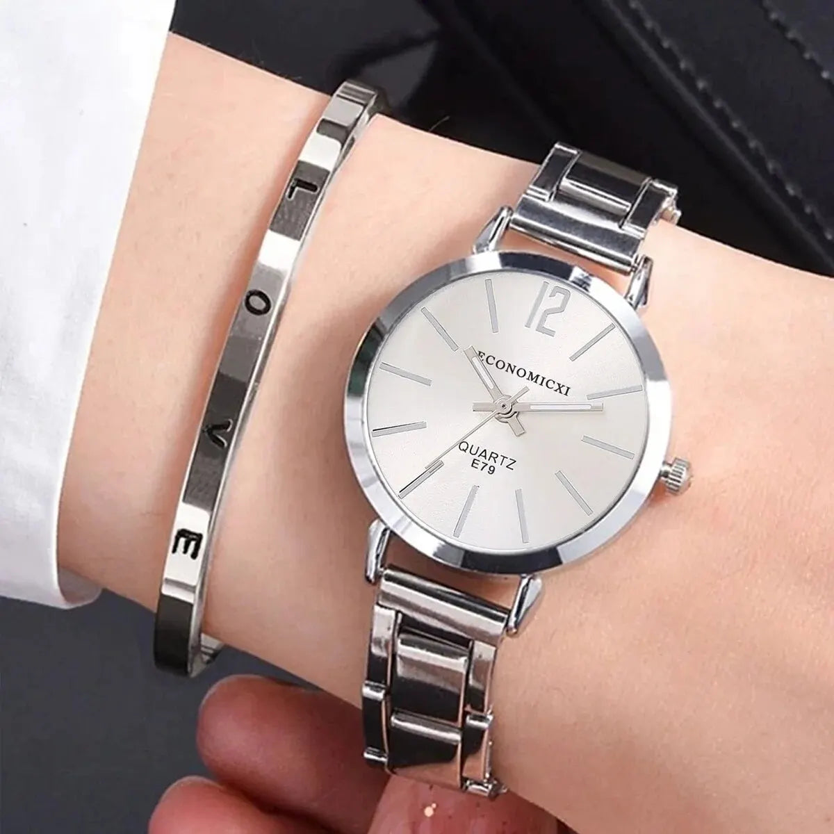 2pcs Set Watch Luxury Women Simple Dial Hollow Strap Fashion Gold Bracelet Quartz Wristwatch Student Ladies Watches Reloj Mujer SuperFye Silver SuperFye