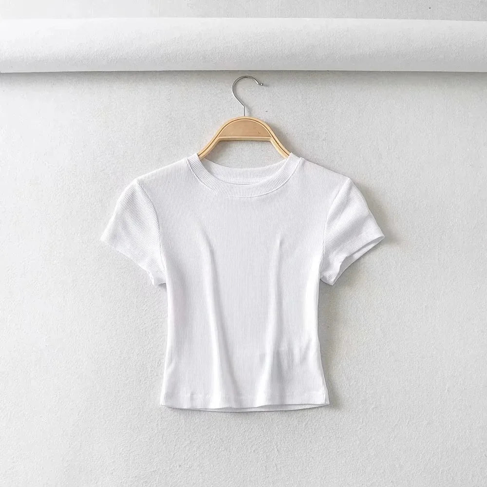 Summer Sexy Women O-neck Short-sleeve T-shirt Slim Elastic Skinny Crop Tops SuperFye WHITE / L SuperFye