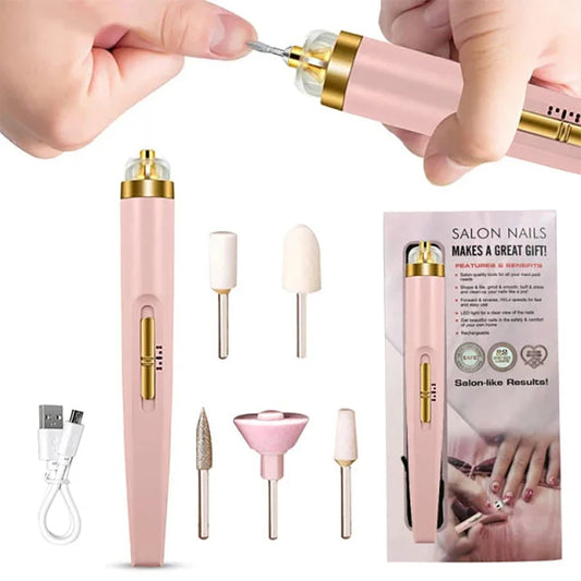 5 in 1 Electric Nail Polish Drill Machine With Light Portable Mini Electric Manicure Art Pen Tools For Gel Remover SuperFye pink SuperFye